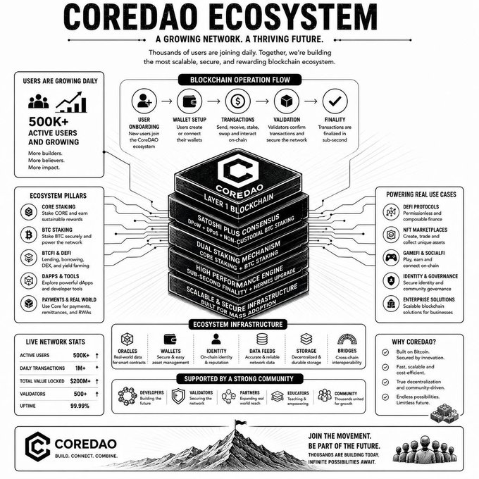 An infographic titled 'COREDAO ECOSYSTEM' detailing the blockchain's features including 500K+ users, Layer 1 blockchain architecture, ecosystem pillars like CORE staking and BTC staking, and live network statistics.