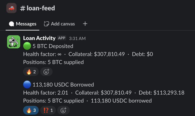 A Discord screenshot from the #loan-feed channel showing Loan Activity updates: 5 BTC deposited with $307,810.49 collateral, followed by 113,180 USDC borrowed.