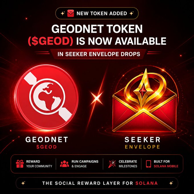 A promotional announcement graphic reading 'NEW TOKEN ADDED: GEODNET TOKEN ($GEOD) IS NOW AVAILABLE IN SEEKER ENVELOPE DROPS', featuring logos for both GeodNet and Seeker Envelope with 'THE SOCIAL REWARD LAYER FOR SOLANA' at the bottom.