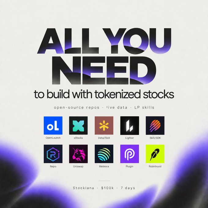 A promotional graphic titled 'ALL YOU NEED to build with tokenized stocks' featuring logos for OpenLaunch, xStocks, Data/Skill, Lighter, Skill/SDK, Repo, Uniswap, Meteora, Plugin, and Robinhood.