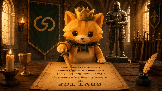 A cute, low-poly cat wearing a crown and cape signs a document with a quill pen at a medieval table. The parchment reads 'GRVT TGE' at the top, followed by terms like 'Stale Funding, Perp, Leadership,' 'Proven Scale (Real Numbers),' 'Premium Exclusif Llama,' and 'One-Balance, Rethius, Tora.' A knight's armor stands guard in the background.