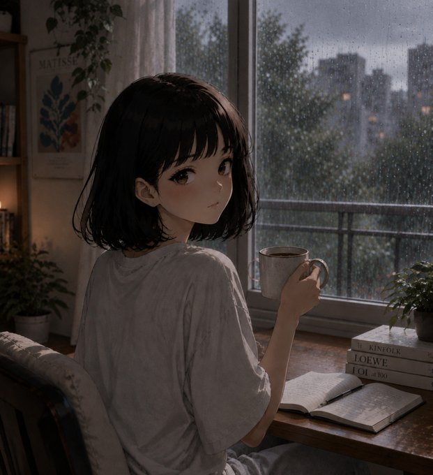 An anime-style illustration of a young woman with short dark hair holding a mug, sitting by a rainy window with books labeled 'The KINFOLK', 'LOEWE', and 'OLO at 180' on the table.