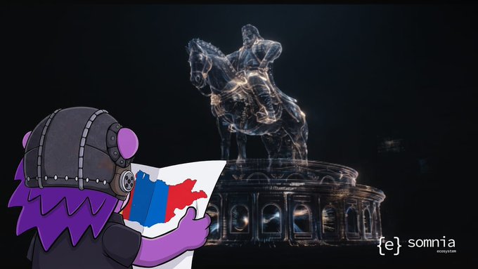 A promotional image featuring a purple-skinned cartoon character with a gas mask holding a map with a Russian flag, standing before a glowing statue of a rider on horseback, branded with "{E} somnia ecosystem".