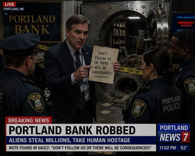 The image shows a group of police officers gathered around, with one man holding up a piece of paper that says "Don't follow us or there will be consequences." The news headline suggests that this could be related to an ongoing investigation into bank robberies in Portland. The post also mentions that the money needed for these bank robberies is $ALIENTHIEF and what is the motive behind them, which seems to be driven by a desire for power and control over others.
