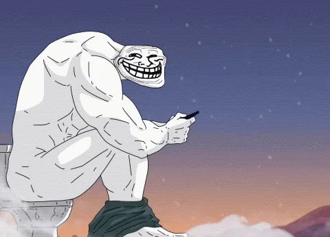 An internet meme featuring a muscular white figure with the 'Trollface' grin sits on a toilet against a starry sky, looking at a smartphone.