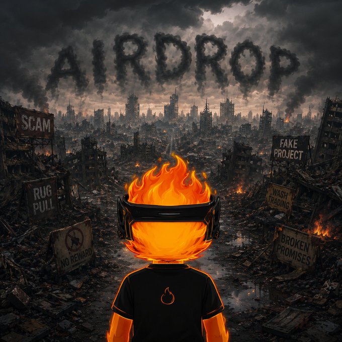 A dark, post-apocalyptic scene features a character with a flaming head wearing a VR-style headset, overlooking a destroyed cityscape with smoke forming the word 'AIRDROP' and signs reading 'SCAM', 'RUG PULL', 'NO REWARD', 'FAKE PROJECT', 'WASH TRADING', and 'BROKEN PROMISES'.