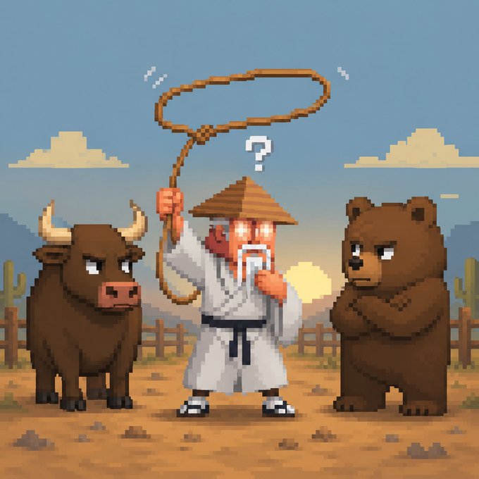 A pixel art image showing a confused samurai with a question mark above his head, holding a lasso between an angry bull and a grumpy bear in a desert setting.