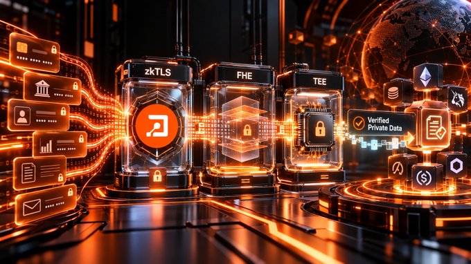 A futuristic digital illustration depicting various cybersecurity and privacy technologies, with illuminated server-like containers labeled 'zkTLS', 'FHE', and 'TEE', alongside floating data icons and a 'Verified Private Data' badge.
