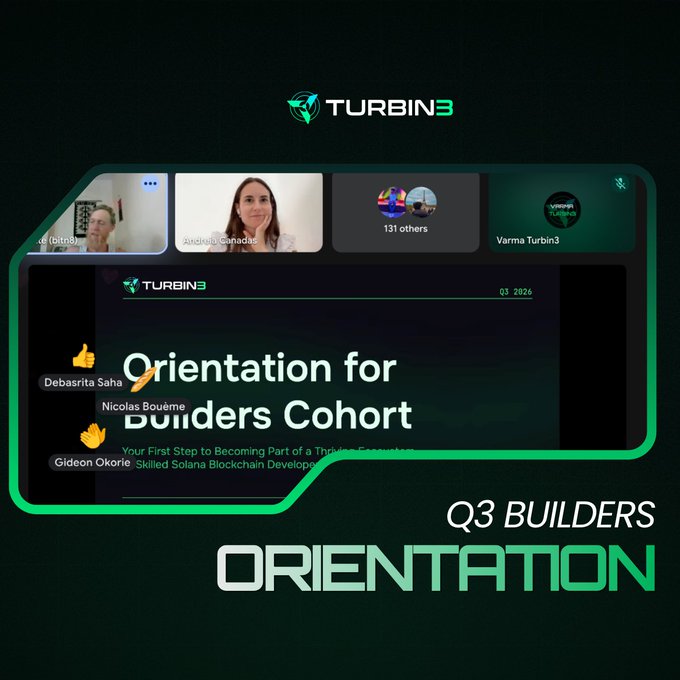 A promotional graphic for 'TURBIN3 Q3 BUILDERS ORIENTATION' showing a video call interface with participants including Andreia Canadas, Varma Turbin3, and others.