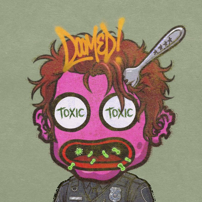 A stylized cartoon character with pink skin, wild brown hair, and a spoon stuck in its head, wearing a police uniform; its eyes read 'TOXIC' and green slime drips from its mouth beneath the yellow graffiti word 'DUMEDI'.