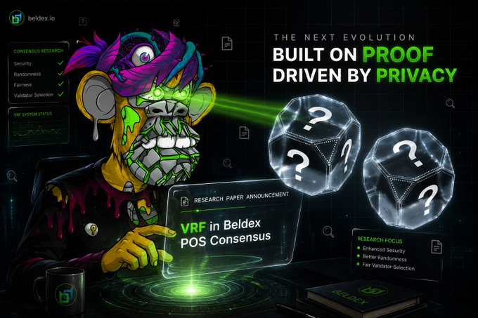 A promotional graphic for beldex.io featuring a colorful, stylized skull character pointing at floating dice, with text reading 'THE NEXT EVOLUTION BUILT ON PROOF DRIVEN BY PRIVACY' and 'VRF in Beldex POS Consensus'.