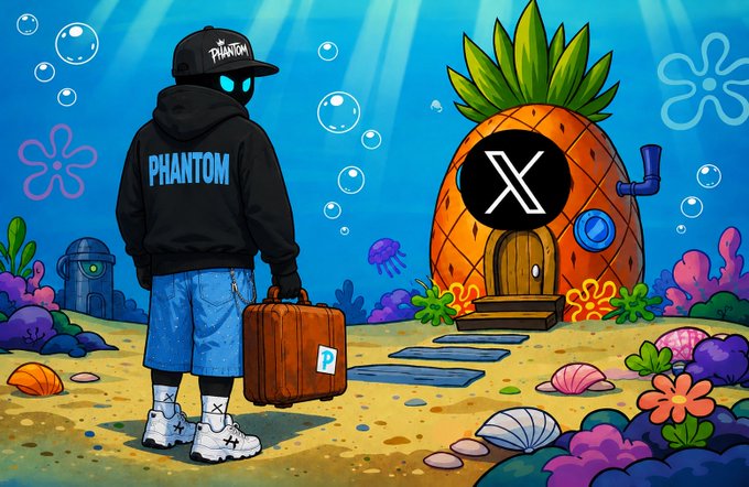 A hooded figure wearing a "PHANTOM" hoodie and cap stands holding a briefcase in front of a pineapple-shaped house marked with the X logo, set in a SpongeBob-inspired underwater scene. The image playfully aligns with the post's message of relentless building, depicting a crypto builder approaching their project home as "the market sleeps."