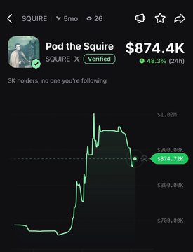 A screenshot of the SQUIRE token page shows a market cap of $874.4K with a 48.3% gain over 24 hours, accompanied by a candlestick chart that depicts a sharp upward spike to nearly $1.00M before a pullback, illustrating the recent rally mentioned in the post.