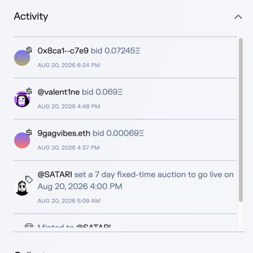 A digital activity feed on a light background showing NFT auction bids including 0x8ca1...c7e9 bid 0.07245Ξ, @valent1ne bid 0.069Ξ, and @SATARI setting a 7 day fixed-time auction, all dated AUG 20, 2026.