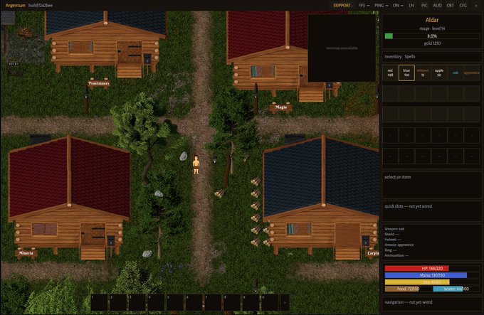 The image shows a top-down view of a video game, likely Argentum, featuring four wooden cabins with red and blue roofs labeled "Francisca's", "Celia", "Maurice", and "Serge," along with a character named "Aidar" (level 14, "Greenhorn") and various game UI elements including inventory slots, quest logs, and stat bars showing HP and stamina. This screenshot relates to the post as it showcases the Argentum MMORPG codebase the author has been actively developing, providing a visual glimpse of the in-game world they've been building.