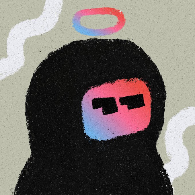 A stylized illustration of a figure in a black hooded cloak with a gradient pink and blue face wearing pixelated sunglasses, topped with a floating gradient halo, with white wavy lines in the background.