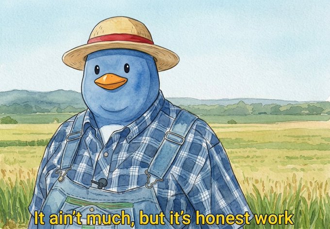 A watercolor-style illustration shows a cheerful bluebird character wearing a straw hat and blue plaid shirt with overalls, standing in a pastoral field with mountains in the background. The caption reads "It ain't much, but it's honest work," humorously reflecting the modest $10 daily P&L from RH trading mentioned in the post.