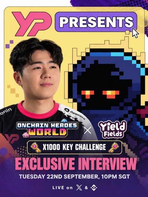 Promotional graphic for an exclusive interview featuring "XP" presenting an "Onchain Heroes World x Yield Fields X1000 Key Challenge," airing Tuesday 22nd September at 10PM SGT, showing a young man alongside a pixelated hooded character, tied to the post announcing a live stream with @Skarly for Yield Fields whitelist challenge.