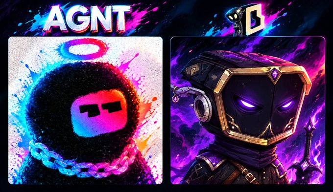 Two stylized, colorful digital art avatars are shown side-by-side under the text 'AGNT', one featuring a spray-painted character with a halo and chain, and the other a dark, hooded figure with glowing purple eyes.