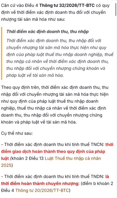 Vietnamese tax regulation from Circular 32/2026/TT-BTC explaining that crypto asset transfers are taxed when transactions are completed — PIT applies at the point of completed transaction (Article 13, PIT Law 2025) and CIT applies at the point of completed transfer (Article 4, Circular 20/2026/TT-BTC).