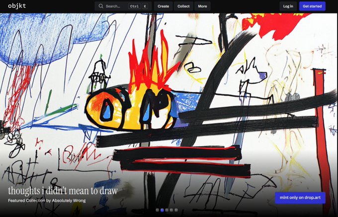 The image shows a website called "@objktcom", which features an art gallery showcasing various drawings, including one with a fire-like design. The website has a clean and modern layout, with a white background that highlights the colorful artwork displayed on its pages. The post about this art gallery is titled "Super stoked to see my collection featured on the @objktcom front page", indicating that it was created for the purpose of promoting the art gallery's offerings.