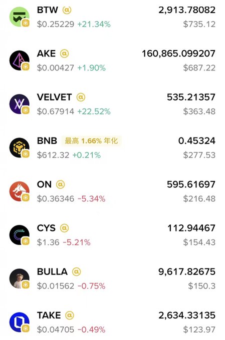 The image displays a cryptocurrency portfolio tracker showing eight tokens with their prices, 24-hour percentage changes, holdings quantities, and dollar values, including BTW at $0.25229 (+21.34%) with $735.12, AKE at $0.00427 (+1.90%) with $687.22, VELVET at $0.67914 (+22.52%) with $363.48, BNB at $612.32 (+0.21%) with $277.53, ON at $0.36346 (-5.34%) with $216.48, CYS at $1.36 (-5.21%) with $154.43, BULLA at $0.01562 (-0.75%) with $150.3, and TAKE at $0.04705 (-0.49%) with $123.97. The screenshot illustrates the top-performing holdings from an "Alpha抓妖" portfolio combo that has reached a