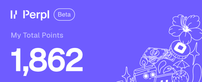 A Perpl Beta dashboard displaying "My Total Points" of 1,862, with the post highlighting the user's best result of 311 points from $2.9M trading volume on the Bitcoin pair, making Perpl the #1 perp on Monad.