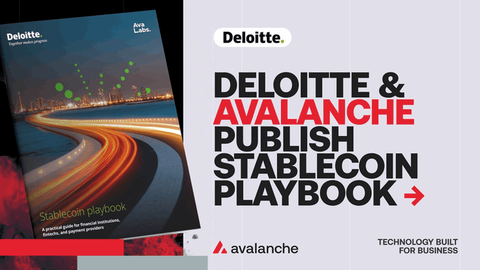 A promotional graphic announces "Deloitte & Avalanche Publish Stablecoin Playbook," featuring a book cover titled "Stablecoin playbook: A practical guide for financial institutions, fintechs, and payment providers," alongside Deloitte and Avalanche logos. The image directly supports the post by visually showcasing the newly released guide focused on stablecoin adoption strategies, regulations, and implementation.
