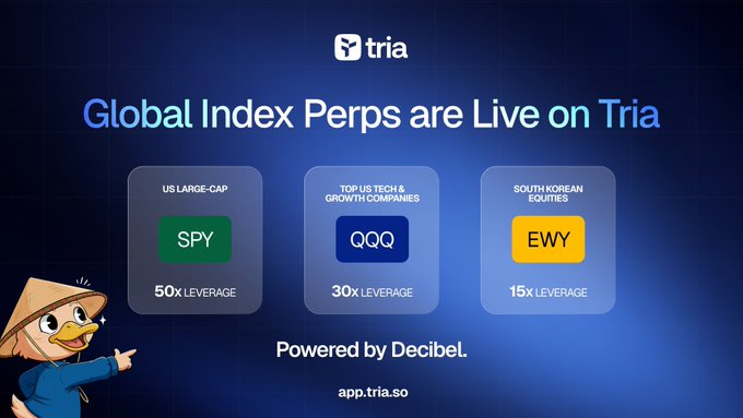 The image features a cartoon duck holding up a sign that says "Global Index Perps are Live On Tria" with three different symbols representing different types of index perps (SPY, QQQ, and EWY). The duck is pointing towards these symbols, indicating their importance or relevance to the post.