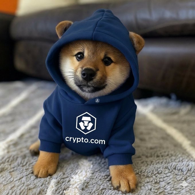A Shiba Inu puppy wearing a navy blue hoodie with the 'crypto.com' logo sits on a textured gray rug in front of a brown leather couch.