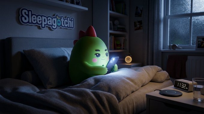 A Sleepagotchi plush character with red ears sits in a cozy, dimly-lit bedroom at 11:32 PM, illuminated by the glow of a phone screen, visually reinforcing the post's message about reclaiming personal sleep data from corporate surveillance. The "Sleepagotchi" wall logo and nighttime setting emphasize the brand's promise of treating sleep as a user-owned, decentralized resource rather than monetized biometric data.
