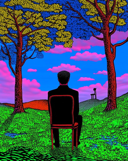 A vibrant psychedelic illustration of a man in a black suit sitting on a red chair, viewed from behind, looking out over a surreal landscape with yellow-leafed trees, pink clouds, and a small figure in the distance.