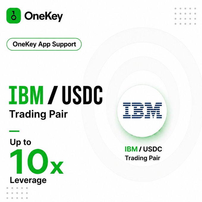 The image features a white background with a green circle containing the text "IBM / USDC Trading Pair". Below this, there are two lines of text that read "Up to 10x leverage" and "IBM/USDC Trading Pair", respectively. The main focus is on IBM's involvement in technology cycles throughout history, as indicated by the text above it.