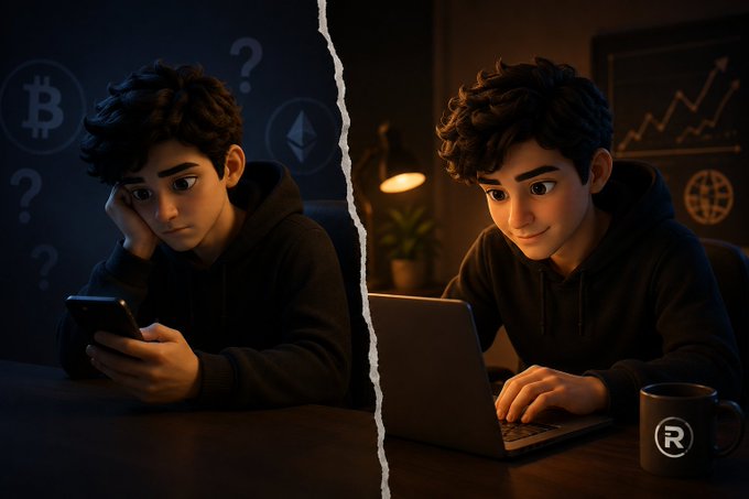 A split illustration shows a young man on the left looking confused while holding a phone with Bitcoin and Ethereum question marks in the background, contrasted with the same person on the right smiling while typing on a laptop in a warmly lit room with a mug labeled "R".
