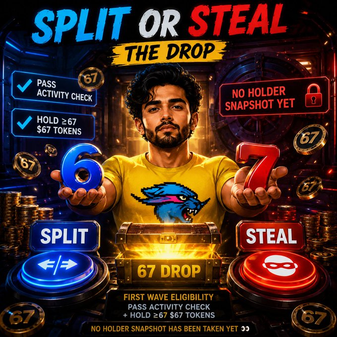 Promotional graphic titled 'SPLIT OR STEAL: THE DROP' showing a man in a yellow shirt holding numbers 6 and 7, with '67 DROP' text, 'SPLIT' and 'STEAL' buttons, and first wave eligibility criteria requiring 67 tokens.