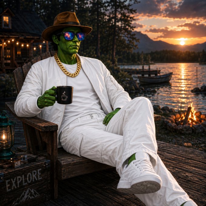 A stylized image of a green-skinned humanoid figure wearing a white outfit, brown fedora, reflective sunglasses, and a gold chain, relaxing in a wooden chair by a lake at sunset while holding a coffee mug, with 'EXPLORE' written on a nearby crate.