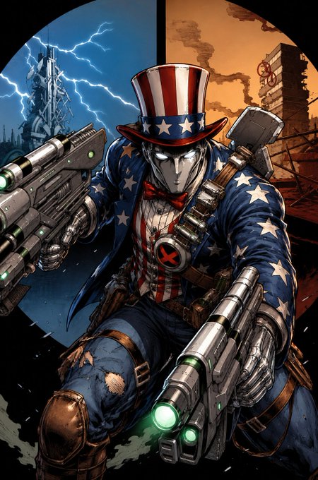 A comic book style illustration of a cybernetically enhanced Uncle Sam character wielding futuristic guns against a stormy cityscape.