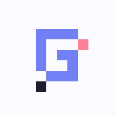 Pixelated logo featuring a stylized blue 'G' with a pink square and dark gray accent on a white background.