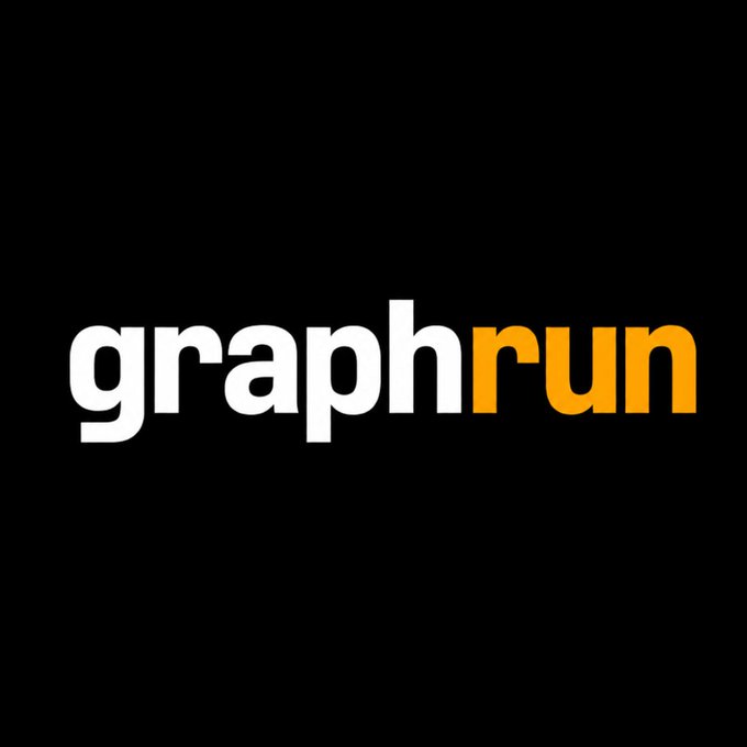 The image displays the Graphrun logo on a black background, featuring the word "graph" in white lowercase letters followed by "run" in orange lowercase letters, visually branding the project that the accompanying post announces is now live on Robinhood Chain with its contract address.