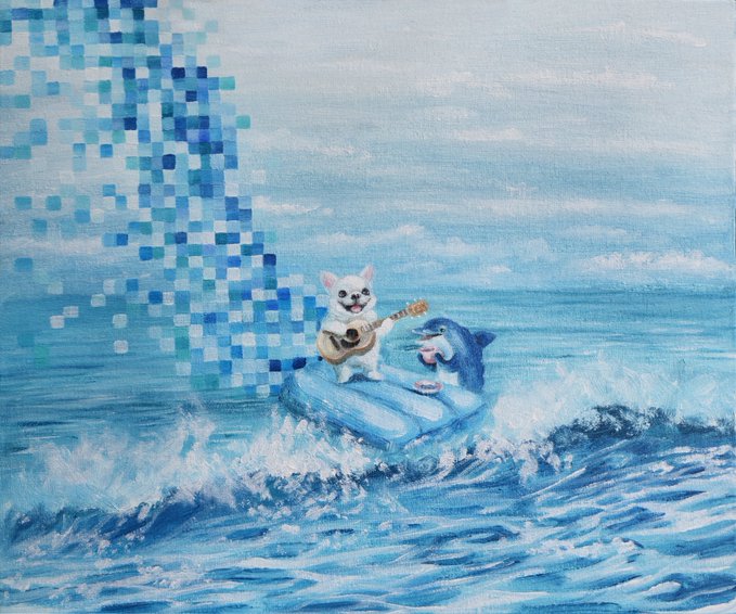 A charming painting of a small white dog playing a ukulele and a blue dolphin singing while riding a piece of ice or surfboard through ocean waves, with a blue pixelated wave pattern on the left.