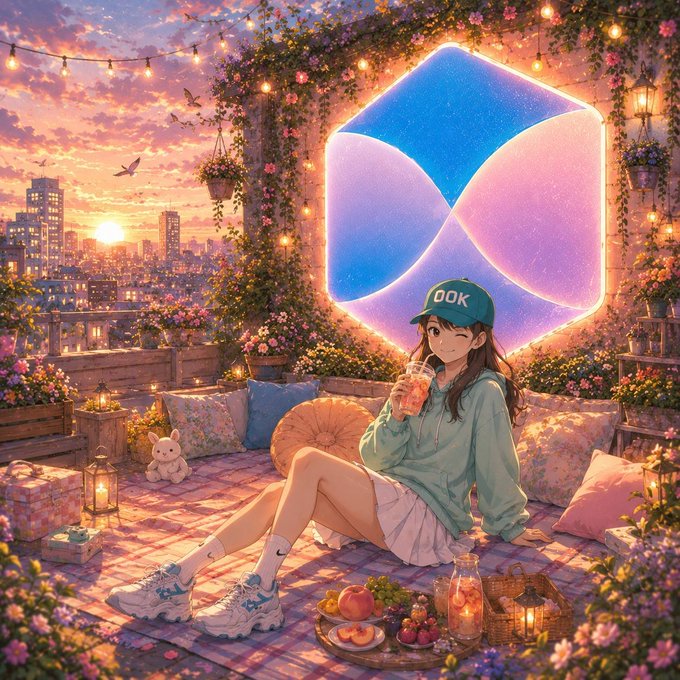 An anime-style illustration of a girl wearing an 'OOK' cap sitting on a rooftop garden at sunset, drinking a beverage with fruits around her, beneath a glowing geometric logo.