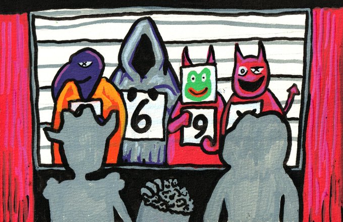A colorful, cartoonish illustration of a lineup scene with various quirky characters (a purple bird, hooded figure, green smiley face, and red devil) holding up numbers like '6' and '9' in front of shadowy silhouettes.