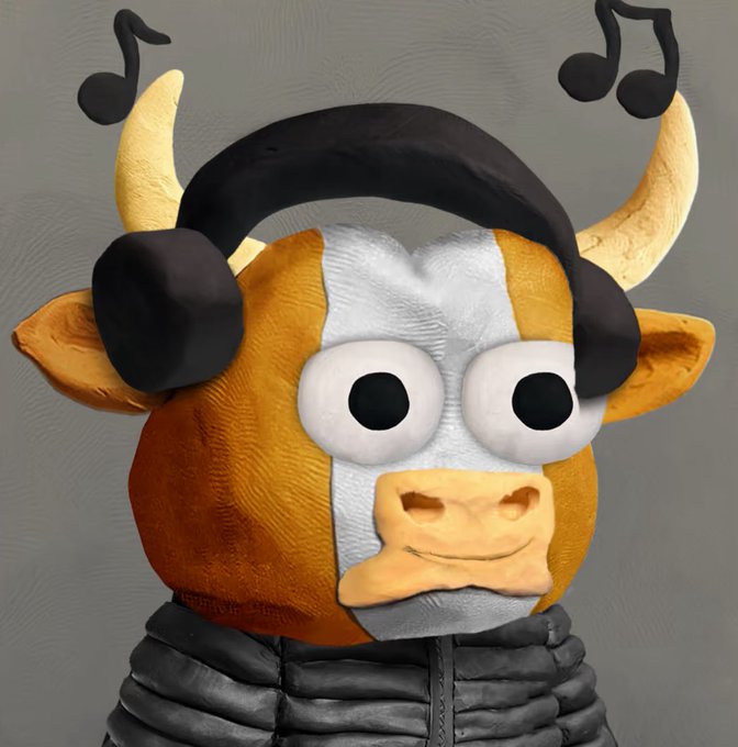A 3D model of a cartoon cow character wearing headphones and a puffy black jacket, with black music notes floating above its head.