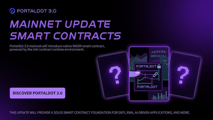 Promotional banner for Portaldot 3.0 mainnet update announcing native WASM smart contracts powered by the Ink! runtime environment.
