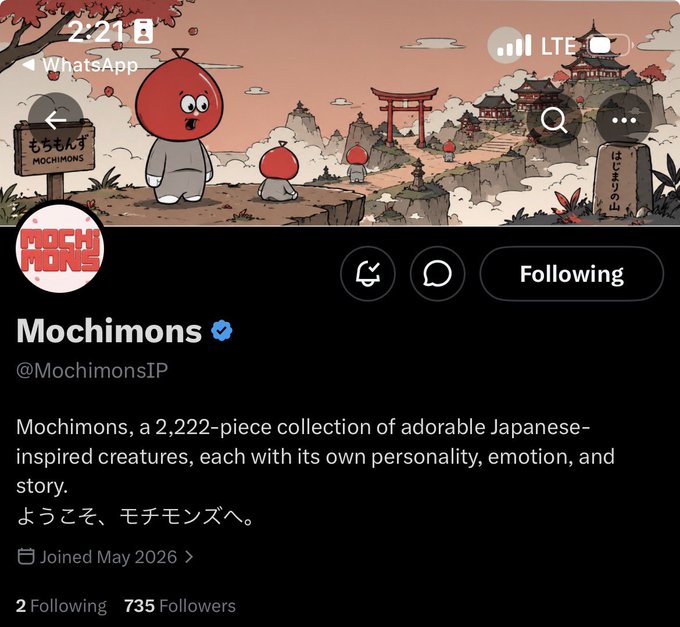 A Twitter/X profile page for @MochimonsIP (@Mochimons), a 2,222-piece Japanese-inspired NFT collection, featuring mochi character artwork and joined May 2026.