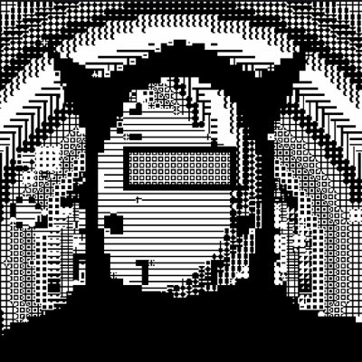 Black and white pixel art image showing a hooded figure in front of a screen or keypad, with a distorted, glitchy background.
