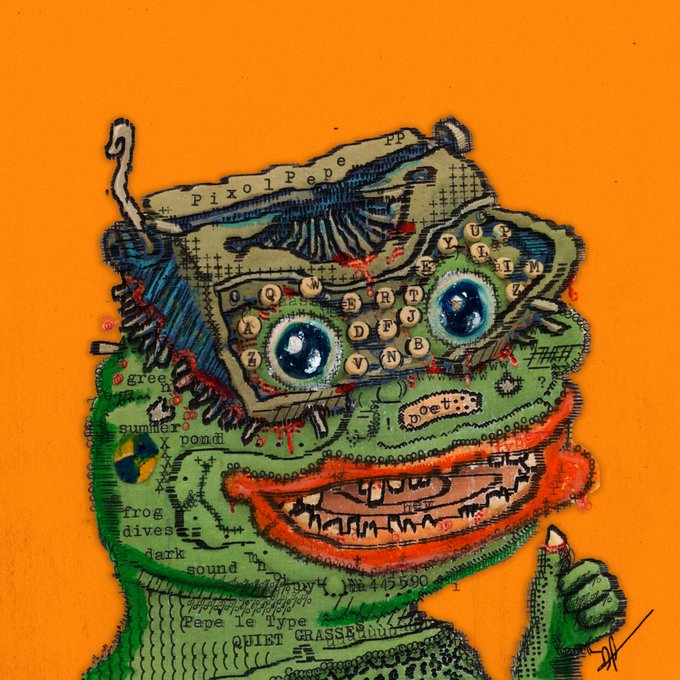 A vibrant illustration of a green Pepe the Frog character with a typewriter for a head, featuring text including "Pixel Pepe tp", "Pepe le Type", "QUIET", and "GRASS" on an orange background.