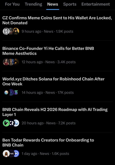 A mobile news feed showing headlines in the 'News' tab, including 'CZ Confirms Meme Coins Sent to His Wallet Are Locked, Not Donated', 'Binance Co-Founder Yi He Calls for Better BNB Meme Aesthetics', 'World.xyz Ditches Solana for Robinhood Chain After One Week', and 'BNB Chain Reveals H2 2026 Roadmap with AI Trading Layer 1'.
