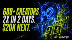 Promotional graphic featuring yellow text reading '600+ CREATORS, 2X IN 2 DAYS, $20K NEXT' with the Swayymerk logo at the bottom right, set against a blue digital circuit-style background.