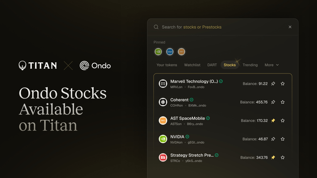 The image shows a computer screen displaying a list of tokenized stocks available for trading on Titan exchange platform. The text "Titan" is visible, indicating that this is an advertisement or promotional material related to the Titan exchange platform. The focus of the image is on the tokens and their availability for trading, with the text "Titan Exchange Partners with Ondo Finance to Bring tokenized Stocks to Solana".